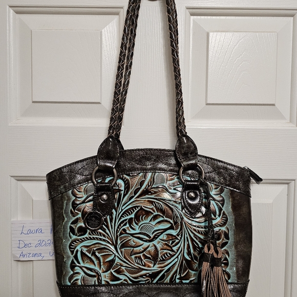 Patricia Nash Burnished Cutout Tooled Tourquoise Adaline Tote w/ Matching Pouch - Picture 1 of 14